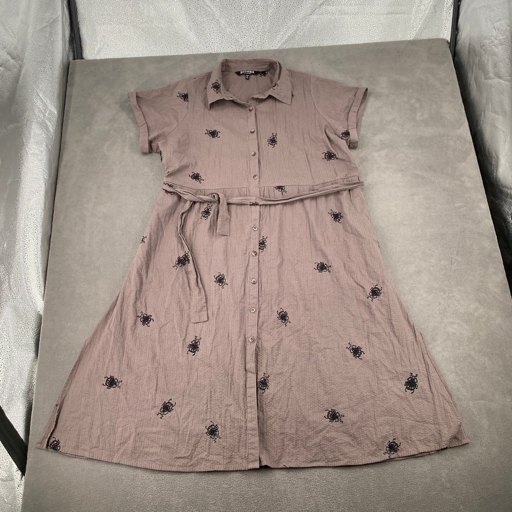 Disturbia Mauve Brown Beetle Embroidered Seersucker Shirt Dress Plus Size US 16 - Picture 2 of 9